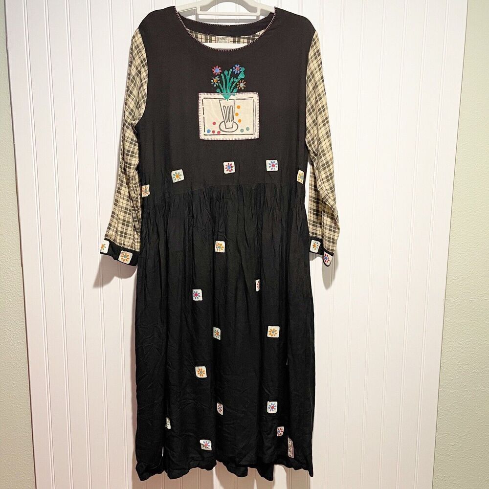 Vintage Hand Jive Hand Block Art To Wear Dress Plaid Sleeves Floral Midi Small